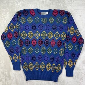 Sansabelt‎ Sport Sweater Mens M Blue Cosby Geometric Vintage 90s Knit Crewneck